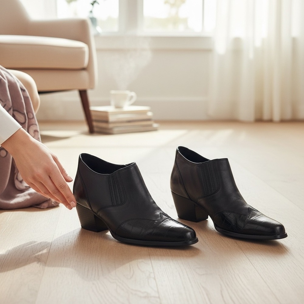 Coldwater Creek Black Leather Croc Embossed Pointed Toe Cone Heel Booties‎ 9.5M
